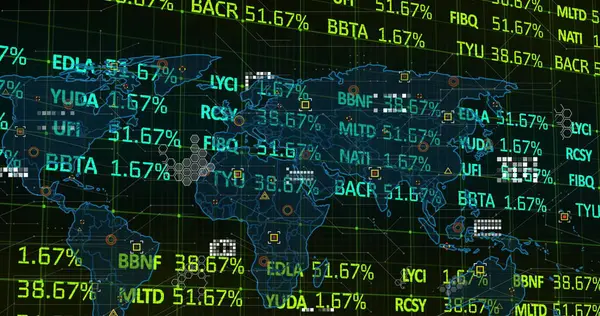 Bild Finansiell Databehandling Och Världskarta Svart Bakgrund Globalt Finans Affärs — Stockfoto