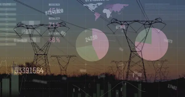 Image of financial data processing over electricity pylons on field. Global finances, energy and environment concept digitally generated image.
