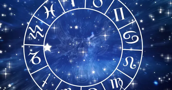 Skład Symbolu Znaku Gwiazdkowego Taurus Wirującym Kole Zodiaku Nad Świecącymi — Zdjęcie stockowe
