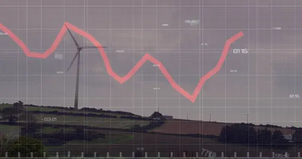 Image of financial data processing over wind turbine on field. Global finances, energy and environment concept digitally generated image.