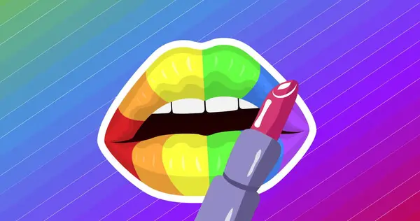 Bild Von Lippenstift Über Regenbogenlippen Auf Buntem Hintergrund Unterstützung Von — Stockfoto