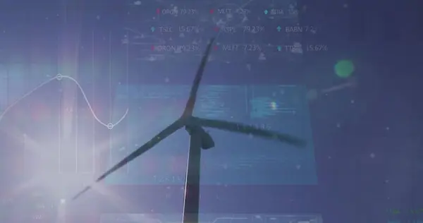 蓝色背景风力涡轮机上的统计和数据处理图像 全球环境绿色能源企业连接数字接口和技术概念数字生成的图像 — 图库照片