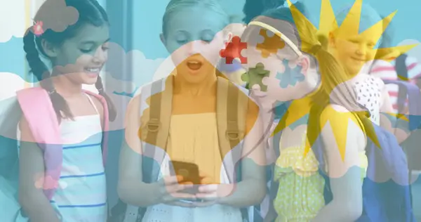 Image of puzzle pieces and clouds over diverse schoolchildren using smartphone. autism awareness month and celebration concept digitally generated image.