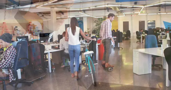 Image Hands Using Laptop Colleagues Creative Office Bike Hoverboard Business — Stock Photo, Image