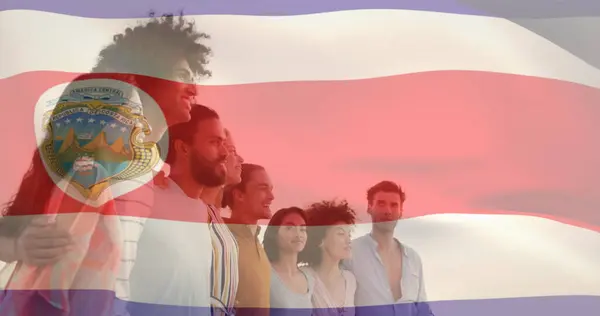 Kosta Rika Nın Farklı Arkadaşların Üzerinde Dalgalanan Bayrağı Denize Bakan — Stok fotoğraf