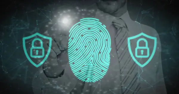 Netwerk Van Verbindingen Tegen Biometrische Scanner Tegen Zakenman Die Onzichtbaar — Stockfoto