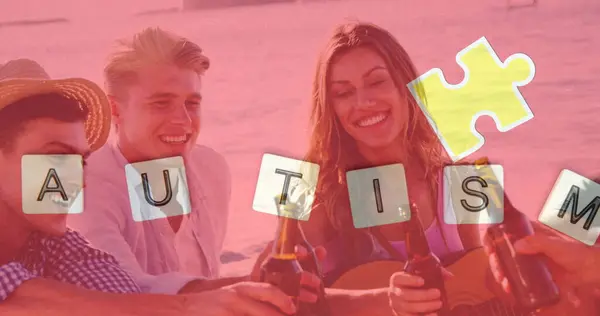 Image of colourful puzzle pieces and autism text over happy friends drinking beer at beach party. autism, learning difficulties, support and awareness concept digitally generated image.