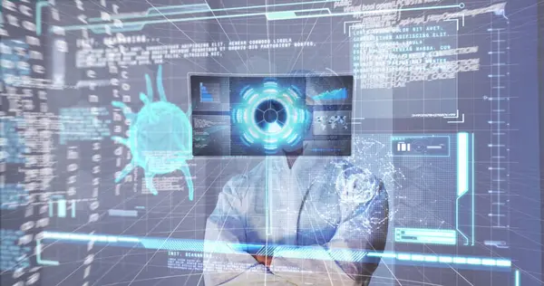 Image of screen with covid 19 cell and medical data processing over scientist in ppe suit. global coronavirus pandemic, medicine and research concept digitally generated image.