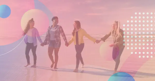 Image of shapes over diverse friends walking together and holding hands. walk day and celebration concept digitally generated image.