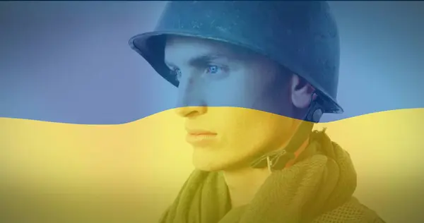 Image Flag Ukraine Caucasian Male Soldier Weapon Ukraine Crisis International — Stock Photo, Image