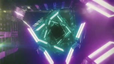 Siyah arkaplanda hareket eden parlak neon ışıklarının animasyonu. Renk, şekil, ışık ve hareket konsepti dijital olarak oluşturulmuş video.