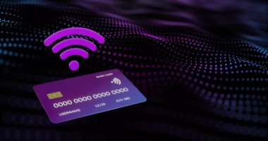 Kredi kartı animasyonları ve kablosuz internet simgeleri siyah arka planda. Küresel çevrimiçi bankacılık, alışveriş, iş, bağlantılar, bilgisayar ve veri işleme kavramı dijital olarak oluşturulmuş video.