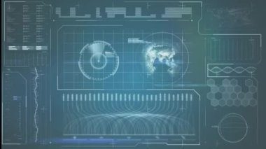 Animation of data processing on blue background. Global technology, computing and digital interface concept digitally generated video.