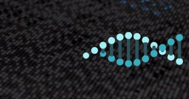 Koyu arkaplanda mavi parıldayan ışıkların üzerinde dönen mavi DNA ipliğinin animasyonu. Bağlantı, işleme, veri, tıbbi araştırma, sağlık ve iletişim, dijital olarak oluşturulmuş video.