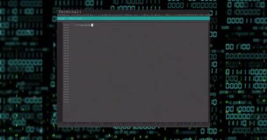 Gri ve siyah arkaplan ile arayüzde ikili veri ve metin işleme animasyonu. Bağlantı, veri, işleme, dijital arayüz ve küresel iletişim, dijital olarak oluşturulmuş video.