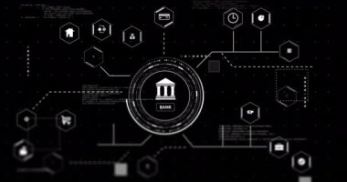 Siyah arkaplan üzerinde veri işleme ile banka ve iş simgelerinin animasyonu. Küresel finans, iş, bağlantılar, hesaplama ve veri işleme kavramı dijital olarak oluşturulmuş video.
