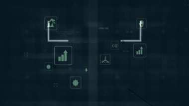 Siyah arkaplanda veri işleme üzerine ekoloji simgelerinin animasyonu. Küresel ekoloji, bilgisayar ve dijital arayüz kavramı dijital olarak oluşturulmuş video.