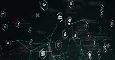 Siyah arkaplan üzerinde veri işleme ile iş simgelerinin animasyonu. Küresel finans, iş, bağlantılar, hesaplama ve veri işleme kavramı dijital olarak oluşturulmuş video.