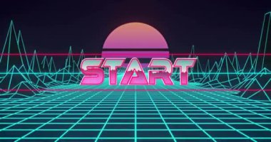 Dijital güneş ve dağların üzerinden başlayan metnin canlandırması. Teknoloji ve dijital arayüz kavramı dijital olarak oluşturuldu.