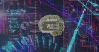 Siyah arkaplan üzerinde ai metin, beyin ve dijital veri işleme animasyonu. Dijital olarak oluşturulmuş küresel yapay zeka, bağlantılar, hesaplama ve veri işleme kavramı.