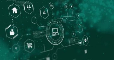 Siyah arkaplandaki noktalar üzerinden simgeler ve veri işleme ile bağlantı ağının animasyonu. Finansal, bilgisayar, bağlantılar ve dijital arayüz konsepti dijital olarak oluşturulmuş video.