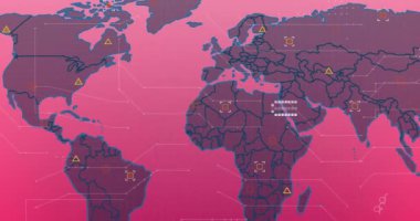 Pembe ve kahverengi dünya haritası üzerinde veri işleme animasyonu. Bağlantı, veri, işleme, dijital arayüz ve küresel iletişim, dijital olarak oluşturulmuş video.