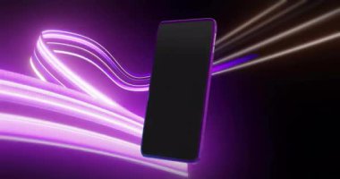 Siyah arkaplanda ışık şekilleri üzerinde akıllı telefonun animasyonu. İletişim, teknoloji ve dijital arayüz kavramı dijital olarak oluşturuldu.