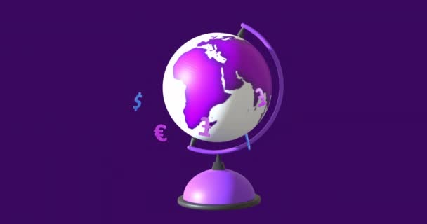 紫色の背景に通貨のシンボルを持つ地球のアニメーション ファイナンス コンピューティング コネクション デジタルインターフェースのコンセプトがデジタル生成されたビデオ — ストック動画