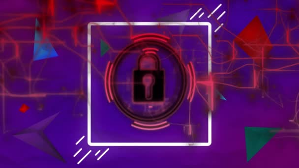 Animation Glowing Red Network Padlock Icon Purple Background Connection Data — Stock Video