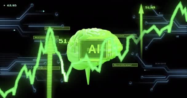 Animación Texto Cerebro Procesamiento Datos Digitales Sobre Fondo Negro Inteligencia — Vídeos de Stock
