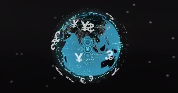 Animazione Globo Connessioni Con Simboli Valuta Sopra Posti Sfondo Nero — Video Stock