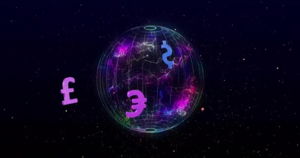 Animation Jordklotet Anslutningar Med Valuta Symboler Över Fläckar Svart Bakgrund — Stockvideo