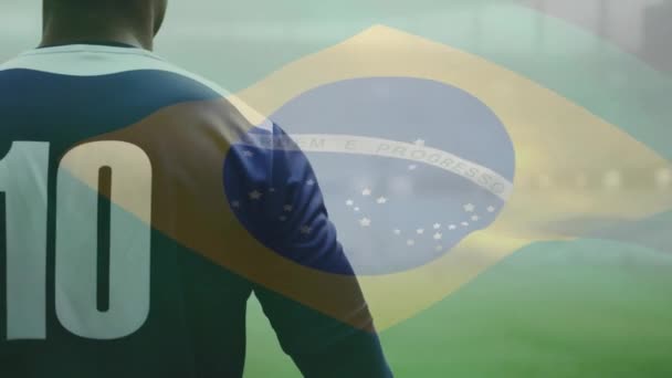 Animace Vlajky Brazílie Nad Různými Rugby Hráči Hřišti Globální Pojetí — Stock video