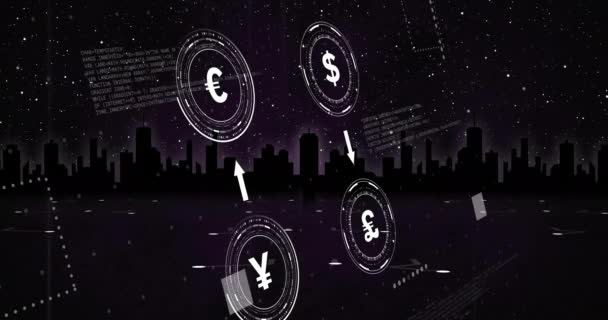 Анімація Валютних Символів Обробкою Даних Над Міським Пейзажем Чорному Тлі — стокове відео