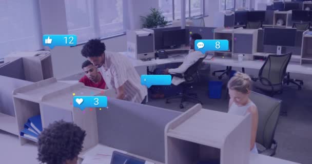 Animation Social Media Icons Numbers Diverse Colleagues Working Office Global — Stock Video