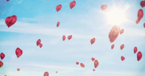 Animace Červených Srdečních Balónků Stoupajících Slunné Modré Obloze Láska Valentýn — Stock video
