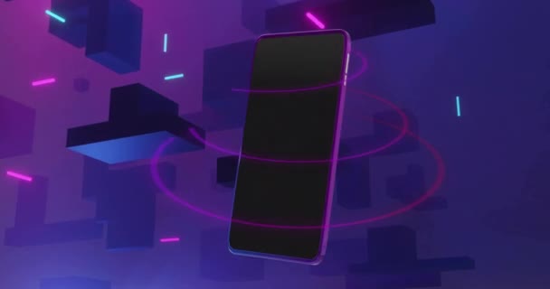紫色の背景に空白のスクリーンが付いているスマートフォンのアニメーション グローバルオンラインバンキング ショッピング ビジネス コネクション コンピューティング データ処理コンセプトデジタル生成ビデオ — ストック動画