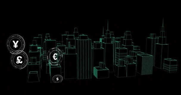 Animazione Simboli Valuta Città Digitale Sfondo Nero Finanze Connessioni Concetto — Video Stock