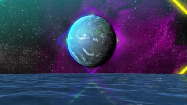 Animacja Kolorowych Kształtów Nad Planetą Wody Niebie Gwiazdami Przestrzeń Kosmiczna — Wideo stockowe