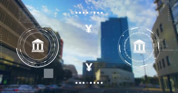 动画两个银行扫描仪处理国际货币兑换 在城市街道上 数字接口和全球通信 数字视频 — 图库视频影像