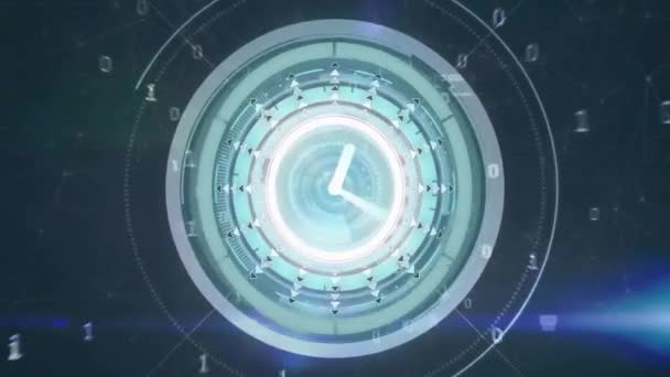 Animación Del Reloj Marcando Sobre Escaneo Del Visor Conexiones Globales — Vídeos de Stock
