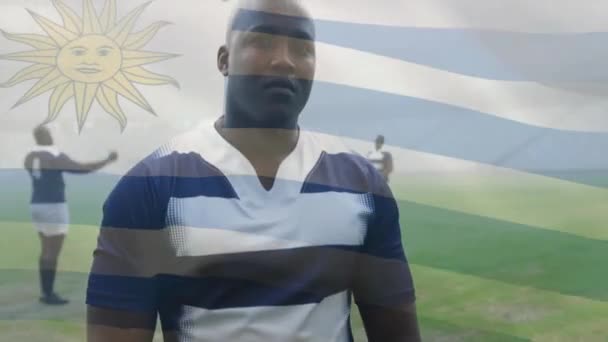 Анімація Прапора Уругваю Над Різними Гравцями Регбі Полі Глобальний Спорт — стокове відео