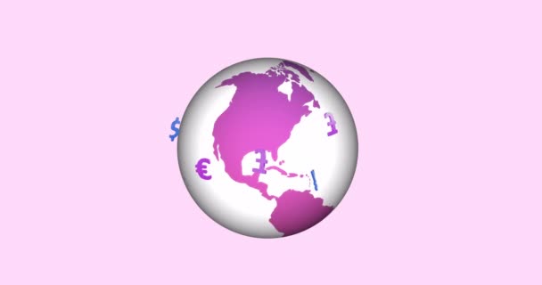 在粉红背景下 在全球范围内的货币图标动画 全球网上银行 计算和数据处理概念 — 图库视频影像