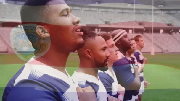 Animação Bandeira Costa Rica Sobre Diversos Rugby Masculino Cantando Campo — Vídeo de Stock