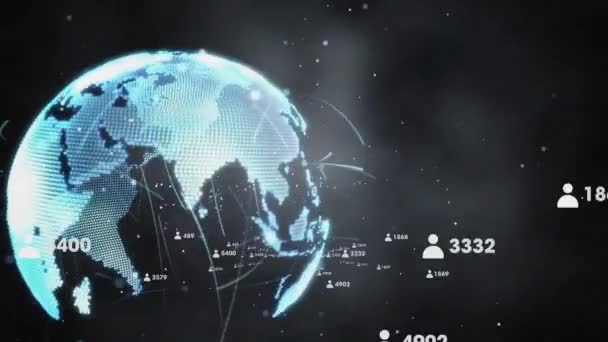 Animasjon Mennesker Ikoner Behandling Data Hele Verden Glødende Nettverk Nattehimmelen – stockvideo