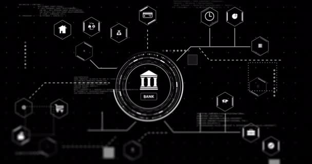 Animation Icônes Bancaires Professionnelles Avec Traitement Données Sur Fond Noir — Video