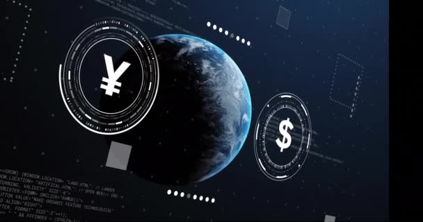 在黑色背景上使用货币符号和数据处理的全球动画 连接和数字视频产生的数字接口概念 — 图库视频影像