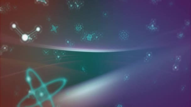 分子和原子结构的动画和连接在移动的软粉色和紫色光之上 数据和通信 数字视频 — 图库视频影像