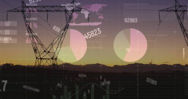 Elektrik direkleri üzerindeki finansal veri işleme görüntüsü. Küresel finansman, enerji ve çevre konsepti dijital olarak oluşturulmuş görüntü.