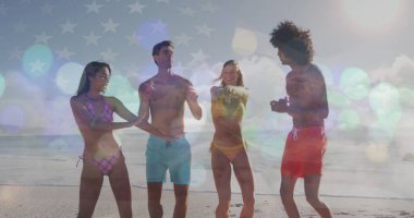 Sahildeki çeşitli arkadaşların üzerinde Amerikan bayrağı resmi. Tatiller ve dijital arayüz konsepti dijital olarak oluşturuldu.